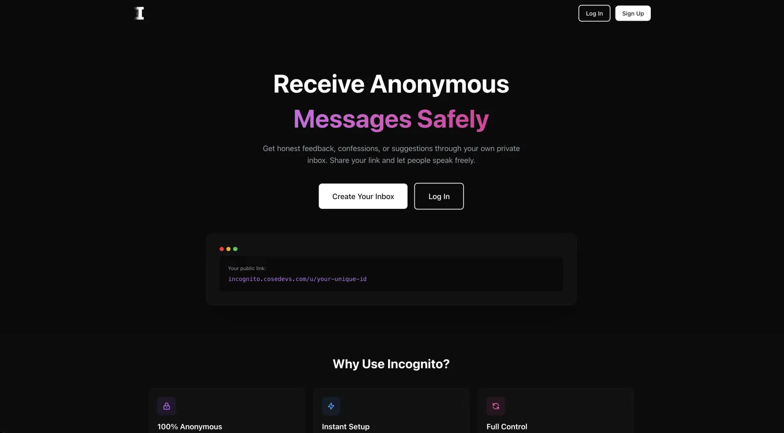 Incognito home page with the headline "Receive anonymous messages safely"