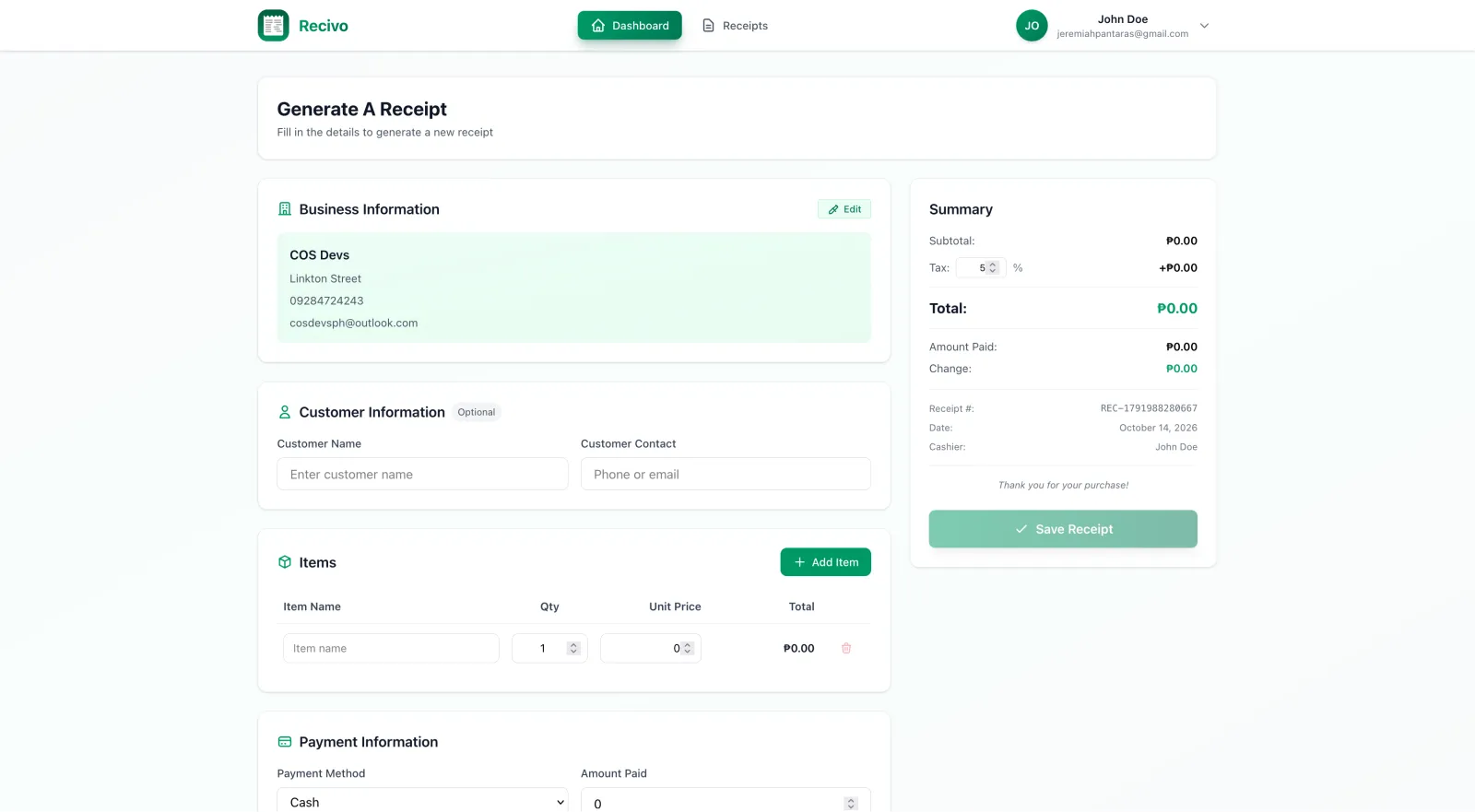 Recivo receipt generator showing business details, items and a payment summary