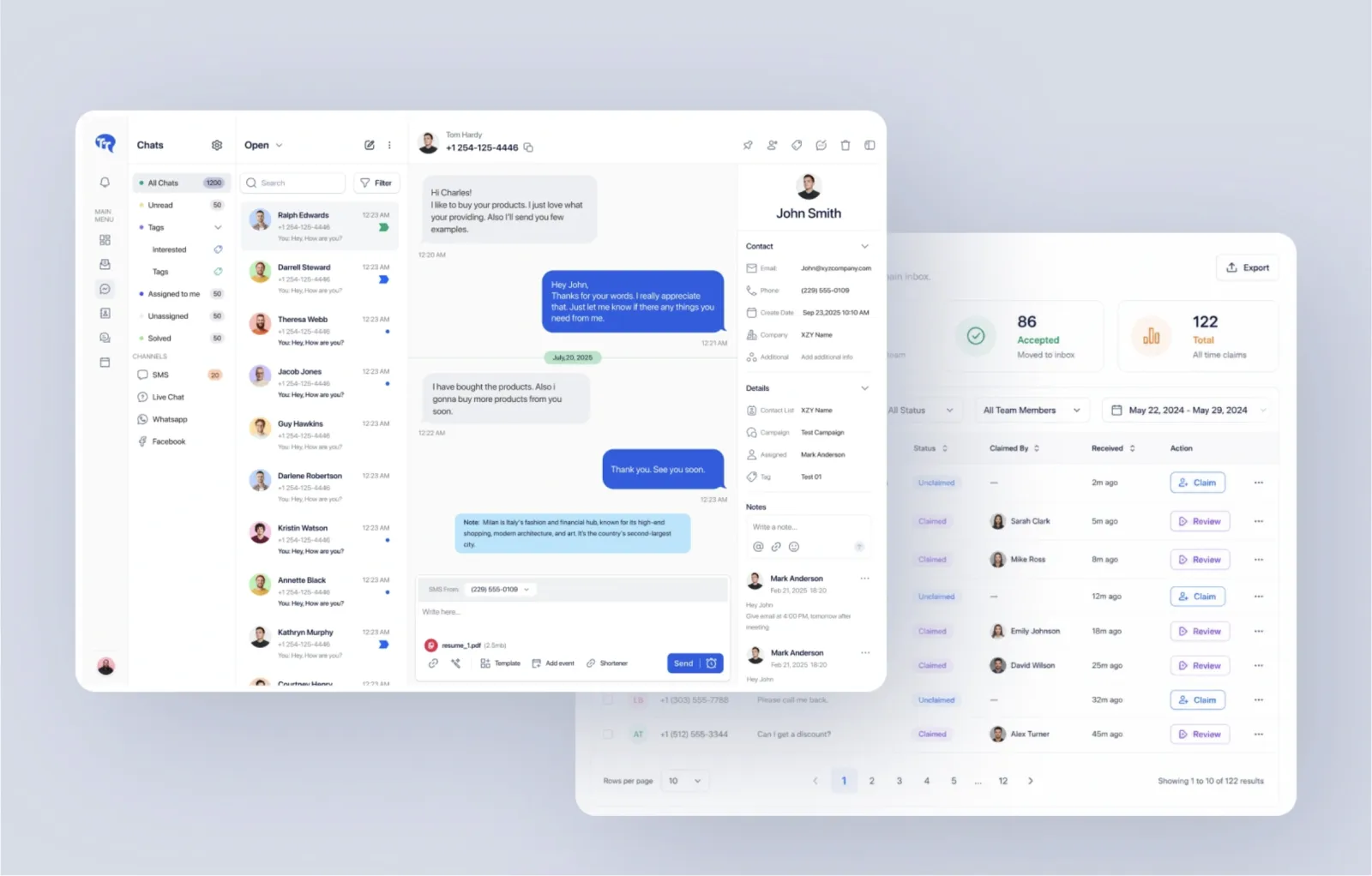 SMS Gateway conversation and message-claim screens